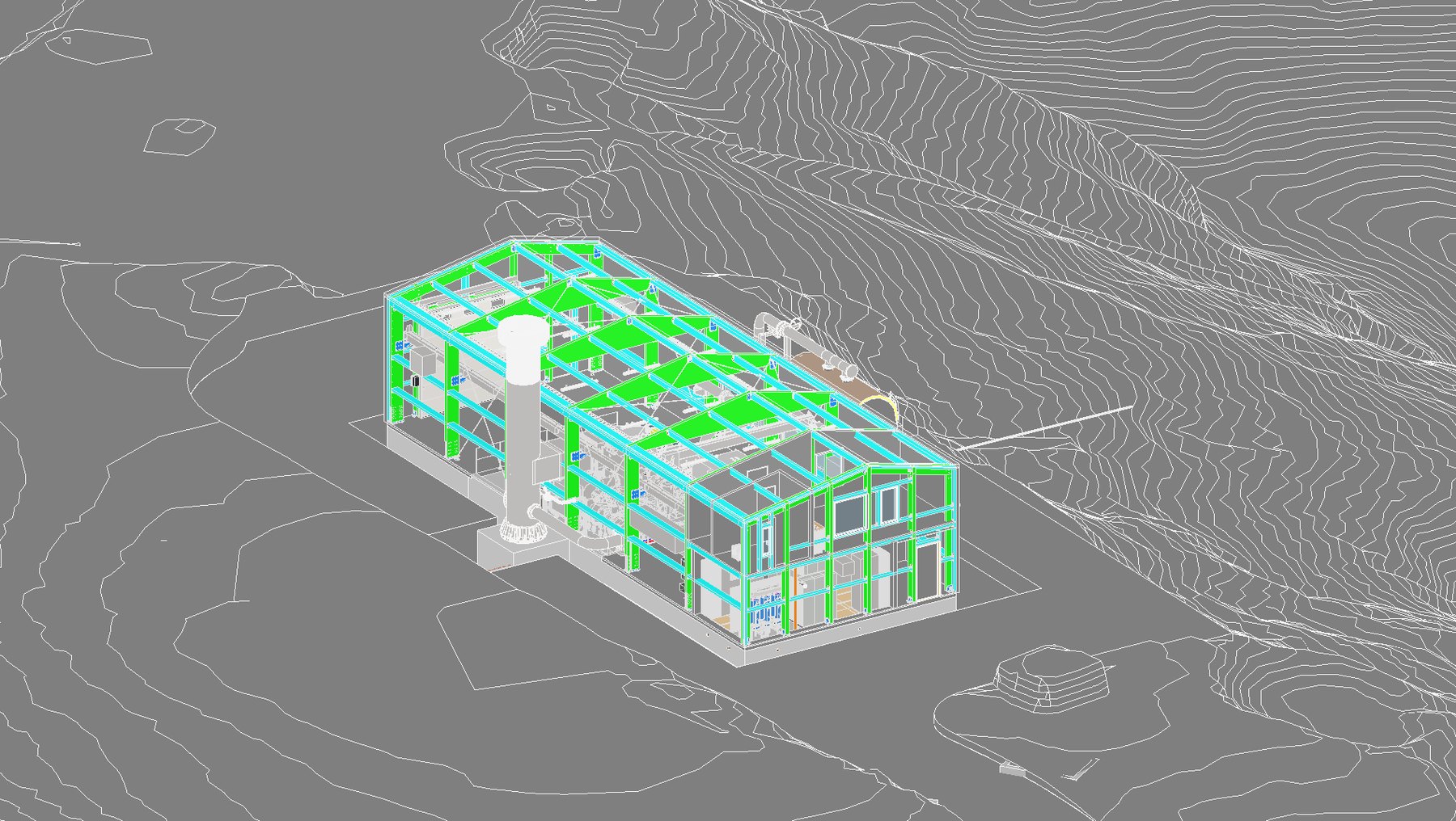 BIM-líkan af jarðvarmavirkjun með burðarvirki og hæðarlínum lands