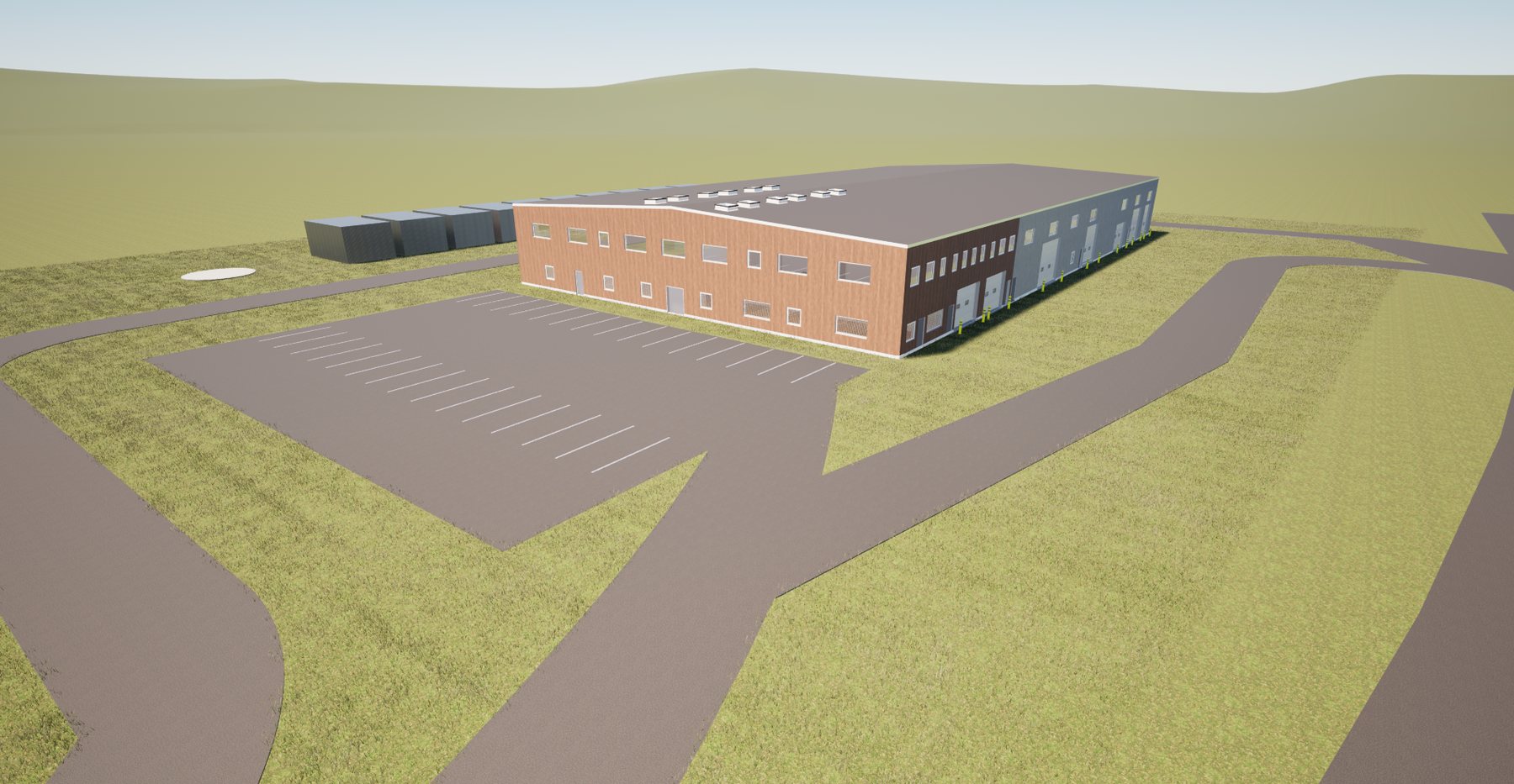 Revit-líkan af viðarvinnsluhúsi með bílastæðum og aðkomu